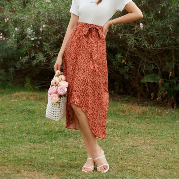 SHEIN Skirts Shein Orange And White Floral Tie Asymmetrical